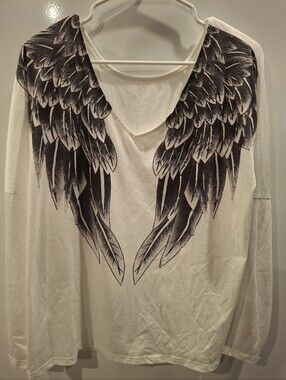 Source Unknown Cream Long Sleeve Top with Black Wing Graphic
